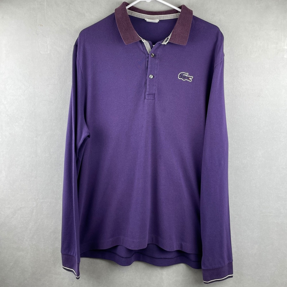 Lacoste Mens Purple Long Sleeve Pique Polo Shirt‎ Contrast Collar 7 XXL Big Logo